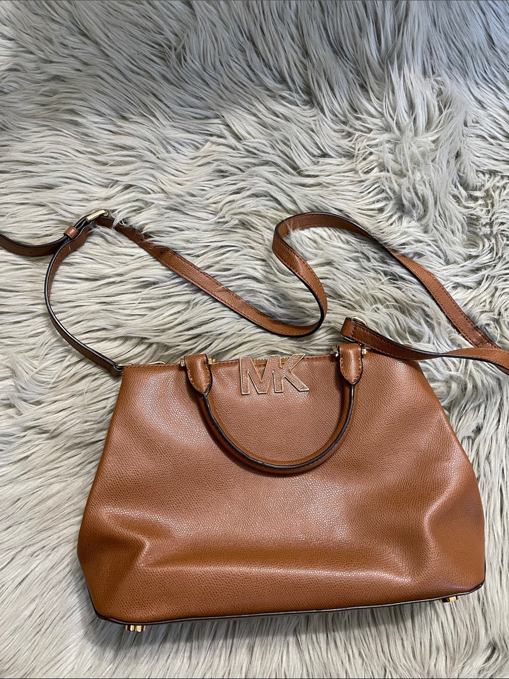 Michael Kors Cognac Pebbled Leather Shoulder Tote with MK Logo